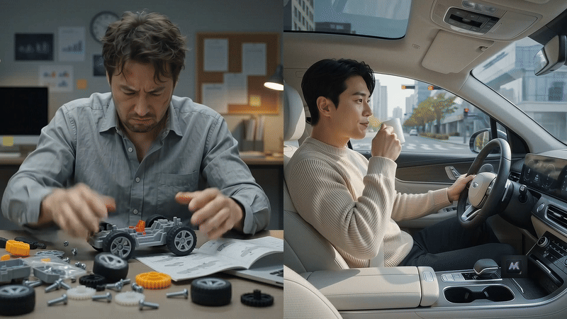 침수차/수작업 조립 vs 공인 원장 무사고 자율주행 대조