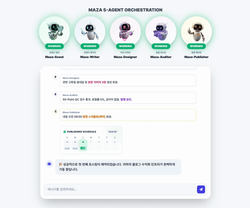 MAZA 5대 AI 에이전트 무인 파이프라인 실제 구동
